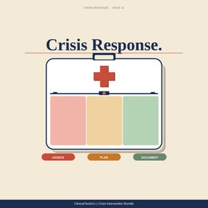 May include: An illustration titled "Crisis Response" features a white medical kit with a red cross. The kit is divided into three colored sections: pink, yellow, and green. Below are the words "Assess", "Plan", and "Document".