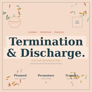 Könnte beinhalten: Pfirsichfarbene Grafik mit dem Text "Termination & Discharge." Das Bild enthält die Phrasen "Planned", "Premature" und "Transfer" sowie den Text "end well. document fully."