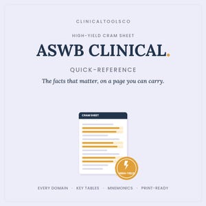 May include: A light purple educational document titled ASWB CLINICAL HIGH-YIELD CRAM SHEET. It features a central graphic of a document with horizontal lines and a circular gold badge with a lightning bolt icon labeled HIGH-YIELD at the bottom.