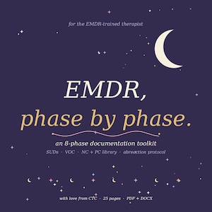 May include: A navy blue graphic with the text "EMDR, phase by phase." The image includes a crescent moon, stars, and text that reads "an 8-phase documentation toolkit" and "for the EMDR-trained therapist."