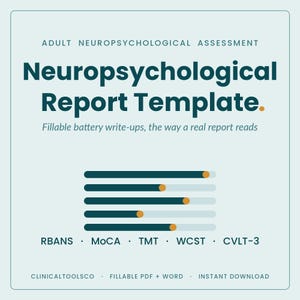 May include: A teal and white graphic for a neuropsychological report template. The title "Neuropsychological Report Template" is in large teal letters. Below, the text reads "Fillable battery write-ups, the way a real report reads."