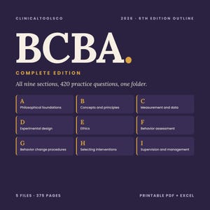 May include: A dark purple digital study guide titled BCBA 2026 6th Edition Outline. It lists nine sections from A to I, including Philosophical foundations, Concepts and principles, Measurement and data, Experimental design, Ethics, and more.