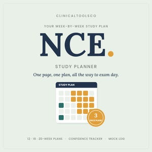 Puede incluir: Un planificador de estudios verde claro para el examen NCE de ClinicalToolsCo. El texto dice: Your week-by-week study plan, NCE, Study Planner, One page, one plan, all the way to exam day. Incluye un gráfico de calendario, 3 planes y registros.
