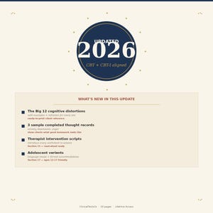 May include: A cream-colored document with the text "UPDATED 2026" in a navy blue circle, with "CBT + CBT-I aligned" below. The document lists updates including cognitive distortions, thought records, therapist scripts, and adolescent variants.