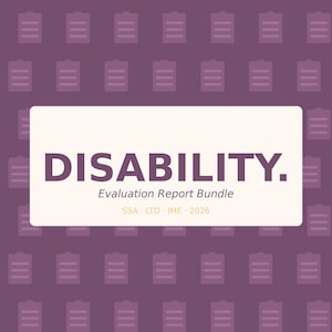 Op de afbeelding: Een paarse achtergrond met een patroon van lichtpaarse batterij-iconen. Een witte rechthoek in het midden toont het woord "DISABILITY." in donkerpaars, met "Evaluation Report Bundle" en andere tekst eronder.