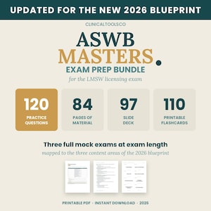 May include: An ASWB Masters exam prep bundle for the LMSW licensing exam, updated for the 2026 blueprint. Includes 120 practice questions, 84 pages of material, a 97-slide deck, 110 printable flashcards, and three full mock exams in PDF format.