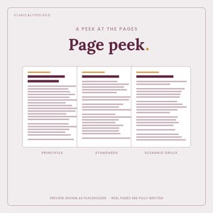 May include: A light gray graphic featuring the text CLINICALTOOLSCO, A PEEK AT THE PAGES, and Page peek. Three white rectangular document previews are displayed, labeled Principles, Standards, and Scenario Drills, with placeholder text lines.