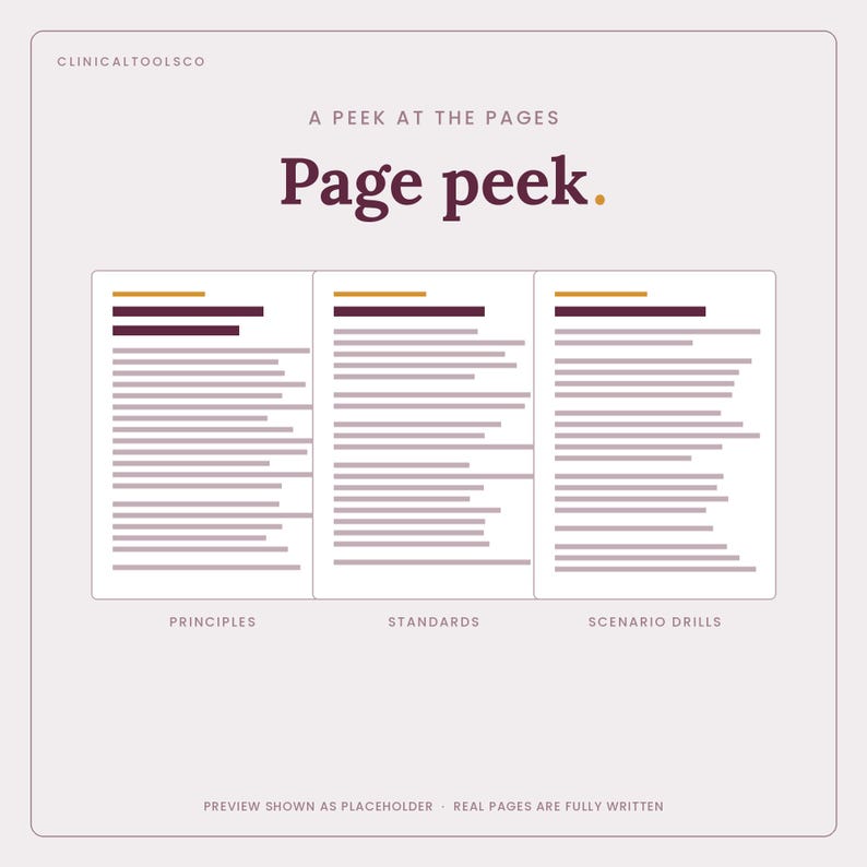 May include: A light gray graphic featuring the text CLINICALTOOLSCO, A PEEK AT THE PAGES, and Page peek. Three white rectangular document previews are displayed, labeled Principles, Standards, and Scenario Drills, with placeholder text lines.