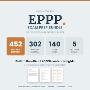 EPPP Complete Psychology Licensing Prep Bundle 2026 | 140-Slide Deck, 452 Practice Questions, Flashcards, 143-Page Review Manual