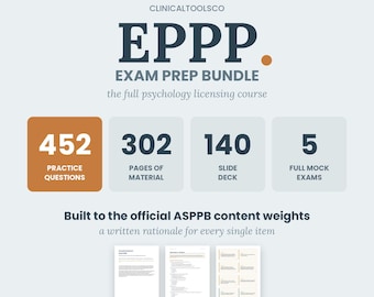 EPPP Complete Psychology Licensing Prep Bundle 2026 | 140-Slide Deck, 452 Practice Questions, Flashcards, 143-Page Review Manual