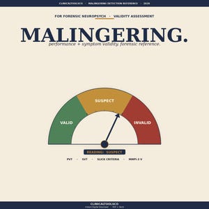 May include: A graphic with the word "MALINGERING" in large text. A gauge shows "VALID", "SUSPECT", and "INVALID" with an arrow pointing to "SUSPECT". Text at the bottom reads "READING: SUSPECT".