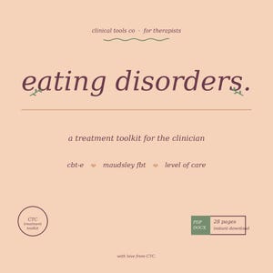 Op de afbeelding: Een digitale toolkit voor therapeuten, met de tekst "eating disorders." Het ontwerp bevat de tekst "a treatment toolkit for the clinician," en "28 pages instant download." Het kleurenschema is zacht perzik met donkergroene accenten.