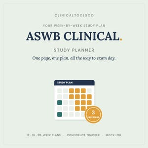 May include: A digital study planner for the ASWB Clinical exam featuring the text CLINICALTOOLSCO, YOUR WEEK-BY-WEEK STUDY PLAN, ASWB CLINICAL, STUDY PLANNER, One page, one plan, all the way to exam day, 12-16-20-WEEK PLANS, CONFIDENCE TRACKER, MOCK LOG.