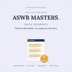 May include: A light purple digital graphic featuring the text CLINICALTOOLSCO, HIGH-YIELD CRAM SHEET, ASWB MASTERS, and QUICK-REFERENCE. Below is a document icon with orange lines and a circular gold badge with a lightning bolt and HIGH-YIELD text.