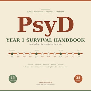 May include: A digital handbook titled "PsyD Year 1 Survival Handbook" with a timeline graphic. The handbook includes 15 chapters and 25 pages. The text includes "Clinical Psychology Doctoral First Year" and "the timeline. the templates. the truth."