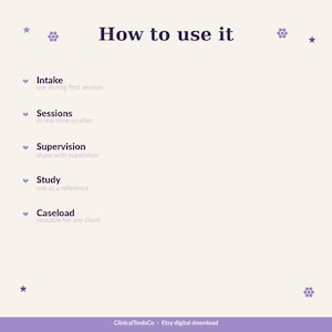 May include: A digital download titled "How to use it" on a cream background. The text is in dark purple and lists steps: Intake, Sessions, Supervision, Study, and Caseload. Decorative purple flower and star icons are scattered around the text. The bottom has the text "ClinicalToolsCo - Etsy digital download."