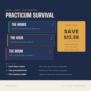 May include: A digital informational graphic titled Practicum Survival, featuring three sections labeled The Hours, The Hour, and The Room. A yellow box highlights a savings offer of $12.98. The document lists an Excel hours tracker, case presentation kit, and first sessions toolkit.