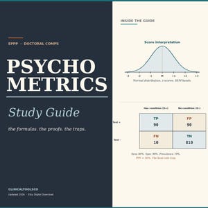 May include: A study guide titled "PSYCHO METRICS" with the subtitle "Study Guide" and the text "the formulas. the proofs. the traps." The guide includes a normal distribution graph and a table with test results.
