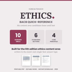 Könnte beinhalten: Ein digitaler Studienleitfaden mit dem Titel ETHICS. BACB QUICK-REFERENCE, der 10 Szenario-Übungen, 6 Standardabschnitte und 4 Kernprinzipien enthält. Er ist für den Ethik-Inhaltsbereich der 6. Auflage konzipiert und zeigt drei Vorschauseiten.