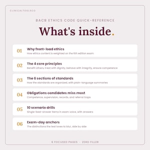 May include: A light gray informational card titled BACB Ethics Code Quick-Reference: What's inside. It lists six numbered sections: Why front-load ethics, The 4 core principles, The 6 sections of standards, Obligations candidates miss most, 10 scenario drills, and Exam-day anchors.