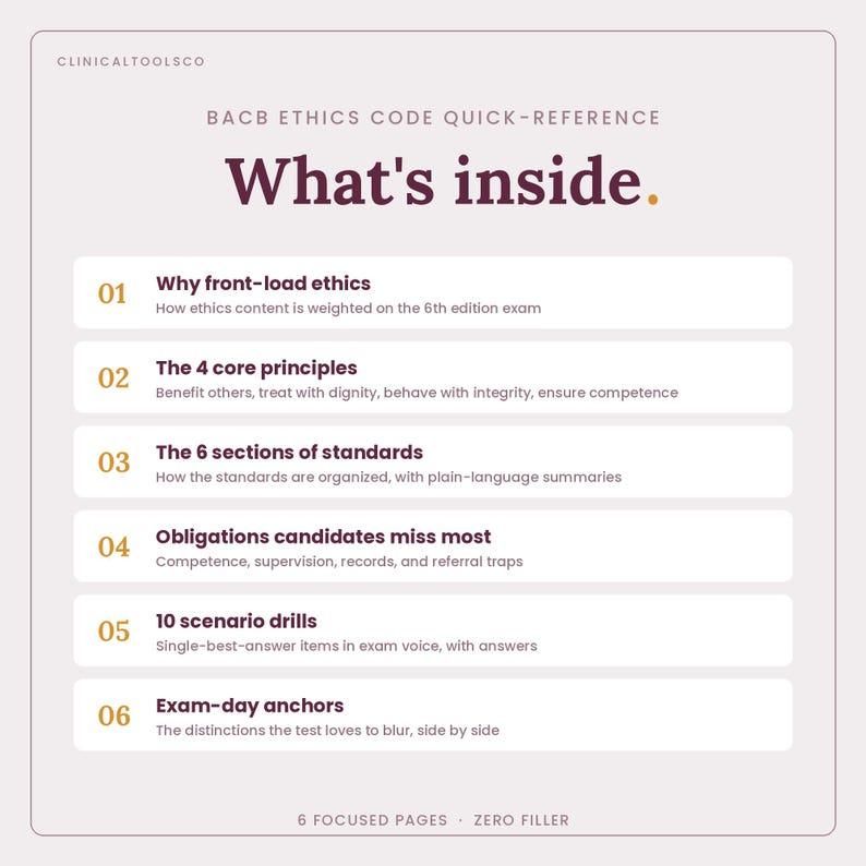 May include: A light gray informational card titled BACB Ethics Code Quick-Reference: What's inside. It lists six numbered sections: Why front-load ethics, The 4 core principles, The 6 sections of standards, Obligations candidates miss most, 10 scenario drills, and Exam-day anchors.