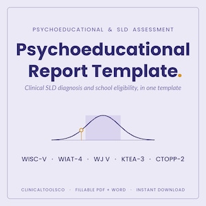 Könnte beinhalten: Helllila Grafik mit dem Text "Psychoeducational Report Template." Der Text darunter lautet "Clinical SLD diagnosis and school eligibility, in one template." Enthält eine Gaußkurve und Bewertungsnamen.