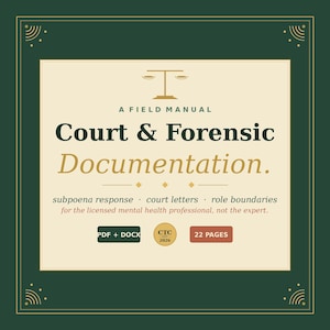 Peut inclure: Manuel de terrain intitulé "Court & Forensic Documentation". La couverture est crème avec des bordures vert foncé et des accents dorés. Le texte comprend "réponse à l'assignation", "lettres du tribunal" et "limites des rôles".