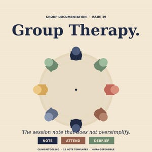 Puede incluir: Ilustración para la documentación de terapia de grupo. La imagen presenta el texto "Group Therapy" en azul oscuro. Un diseño circular representa figuras estilizadas alrededor de un punto central. Debajo, el texto dice "The session note that does not oversimplify."