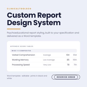 Può includere: Un grafico digitale per un sistema di progettazione di report personalizzati di ClinicalToolsCo. Mostra una tabella di esempio dei punteggi compositi WISC-V con categorie per Verbal Comprehension, Working Memory e Processing Speed.