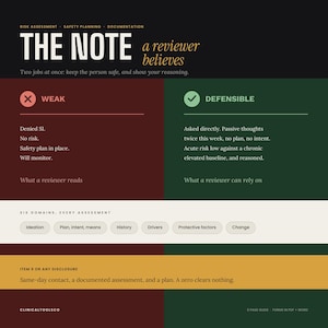 Puede incluir: Una infografía educativa titulada THE NOTE a reviewer believes, que compara la documentación WEAK y DEFENSIBLE. Enumera seis dominios: Ideation, Plan, intent, means, History, Drivers, Protective factors y Change.