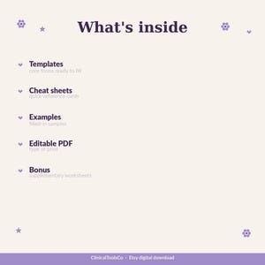 May include: A digital download graphic with the text "What's inside" and a list of included items: Templates, Cheat sheets, Examples, Editable PDF, and Bonus worksheets. The background is a light purple with decorative floral elements.