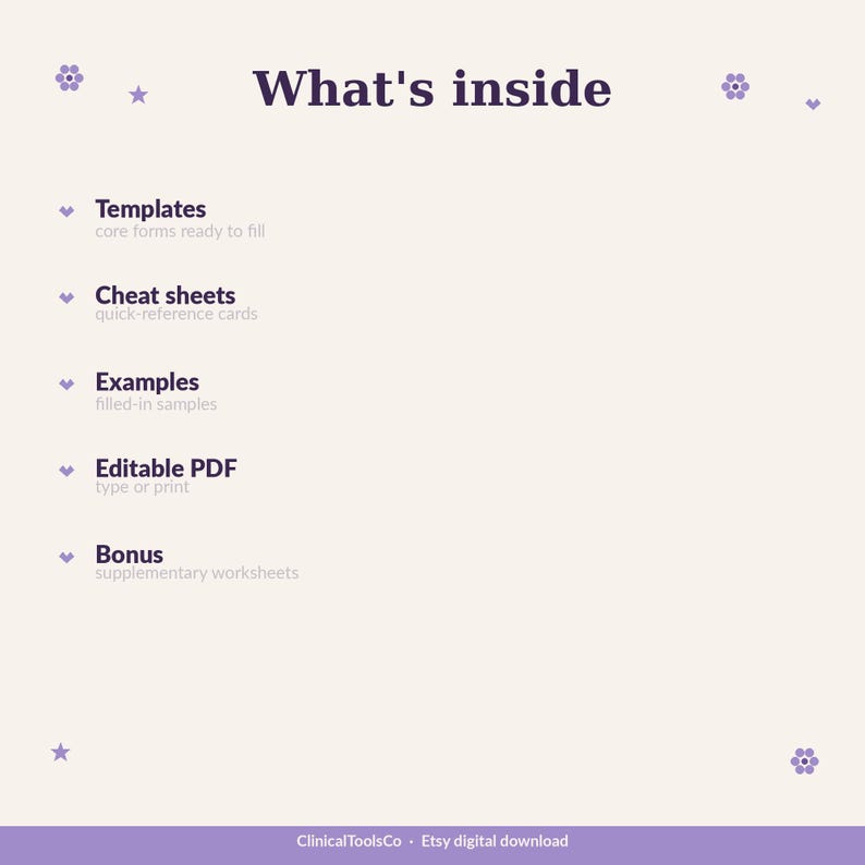 May include: A digital download graphic with the text "What's inside" and a list of included items: Templates, Cheat sheets, Examples, Editable PDF, and Bonus worksheets. The background is a light purple with decorative floral elements.