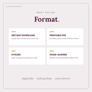 May include: A digital document information graphic titled Format with the text ClinicalToolsCo. It lists four features: Instant Download, Printable PDF in US Letter, 6 pages, and Exam-Aligned for the BACB 6th edition TCO. Bottom text reads digital file, nothing ships, yours forever.