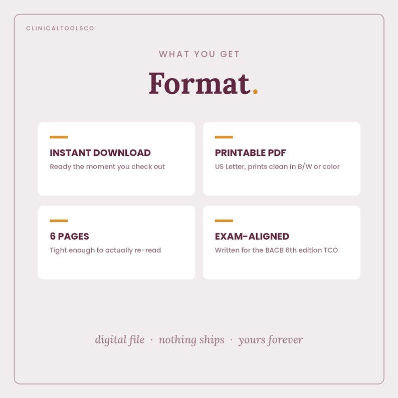 May include: A digital document information graphic titled Format with the text ClinicalToolsCo. It lists four features: Instant Download, Printable PDF in US Letter, 6 pages, and Exam-Aligned for the BACB 6th edition TCO. Bottom text reads digital file, nothing ships, yours forever.