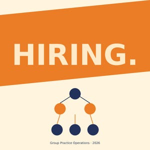 Può includere: Grafica arancione e crema con la parola "HIRING." in grandi lettere bianche in grassetto. Sotto, un diagramma di cerchi collegati in arancione e blu navy. Il testo "Group Practice Operations · 2026" è in basso.