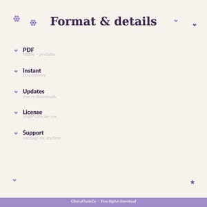 May include: A digital download graphic with the text "Format & details" in a dark purple font. The text describes the product format, including PDF, instant Etsy delivery, free updates, single-clinician license, and support.