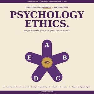 May include: A graphic for psychology candidates with the text "PSYCHOLOGY ETHICS." A purple flower shape displays the APA Ethics code, with letters A through E. The text "weigh the code. five principles. ten standards." is also included.