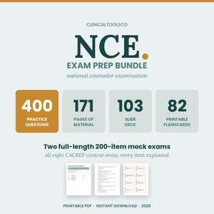 NCE Exam Prep Bundle 2026 | 400 Practice Questions, 2 Mock Exams, 103-Slide Deck, Flashcards, 60-Page Manual | National Counselor Exam LPC