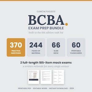 May include: A BCBA exam prep bundle by ClinicalToolsCo built to the 6th edition task list. Includes 370 practice questions, 244 pages of material, 66 slide decks, 60 printable flashcards, and 2 full-length 185-item mock exams with written rationales.