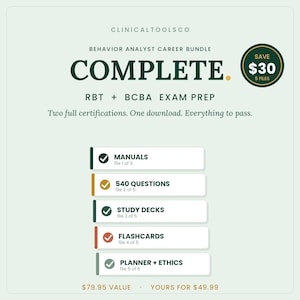 May include: A digital download bundle titled ClinicalToolsCo Behaviour Analyst Career Bundle Complete, featuring RBT and BCBA exam prep. It includes five files: manuals, 540 questions, study decks, flashcards, and a planner plus ethics guide.