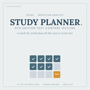 Puede incluir: Un planificador de estudio BCBA Behavior Analyst para el esquema de contenido de la prueba de la 6ª edición. El documento incluye el texto 'a week-by-week plan all the way to exam day', una cuadrícula de iconos de verificación y etiquetas para planes de 12, 16 y 20 semanas, rastreador de dominio y registro de simulacros.