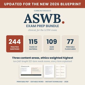 May include: ASWB exam prep bundle for the LCSW exam, updated for the 2026 blueprint. Includes 244 practice questions, 115 pages of material, 109 slide deck, and 77 printable flashcards. Features three content areas, ethics, and two mock exams.