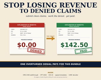 Counseling Billing Codes Toolkit | CMS-1500 + CPT 2026 + Appeal Templates | Therapy Insurance Billing | Private Practice | PDF + Word