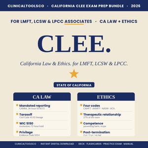 May include: A digital study guide titled CLINICALTOOLSCO CALIFORNIA CLEE EXAM PREP BUNDLE 2026 for LMFT, LCSW & LPCC associates. The document outlines California Law & Ethics, featuring sections on CA Law and Ethics with bulleted key topics.