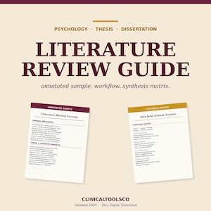 May include: A digital Literature Review Guide with the text "PSYCHOLOGY THESIS DISSERTATION" at the top. The guide includes an annotated sample and synthesis matrix. The guide is from Clinical Toolsco, updated 2026.