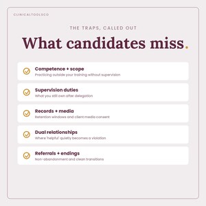 May include: A light-colored infographic titled 'The traps, called out: What candidates miss.' It lists five points with checkmarks: Competence + scope, Supervision duties, Records + media, Dual relationships, and Referrals + endings, with subtext.