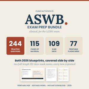 ASWB Clinical Exam Prep Bundle 2026 | 244 Practice Questions, 2 Mock Exams, 109-Slide Deck, Flashcards, Manual | LCSW Prep