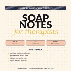 May include: A digital download titled "SOAP NOTES for therapists." The design features a navy blue header with white lines, large black text, and peach-colored boxes with text. The image highlights fillable sections, intake notes, and editable PDF formats.