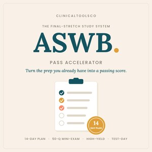 May include: A digital study guide graphic titled CLINICALTOOLSCO THE FINAL-STRETCH STUDY SYSTEM ASWB. PASS ACCELERATOR. Text reads: Turn the prep you already have into a passing score. Includes a checklist icon and a 14 DAY PLAN badge.
