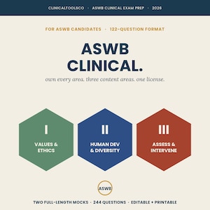 ASWB Clinical Exam Prep Bundle 2026 | 244 Practice Questions, 2 Full-Length Mock Exams, 109-Slide Deck, Flashcards, Manual | LCSW Prep